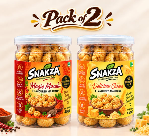 SNAKZA Magic Masala and Delicious Cheese makhana Pack of 2 — two 45 g jars