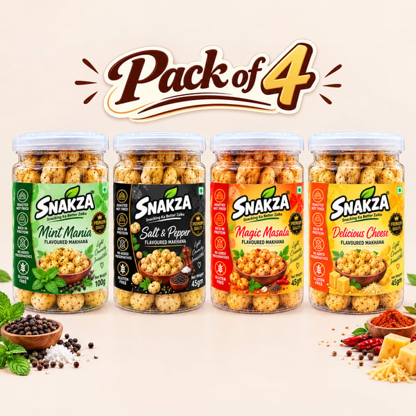 SNAKZA Four-Flavour Combo Pack of 4 — Mint Mania, Salt & Pepper, Magic Masala and Delicious Cheese jars