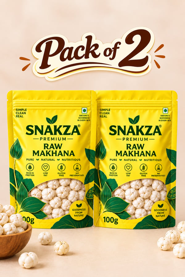 SNAKZA Premium Raw Makhana 100 g · Pack of 2 — two pouches with a bowl of makhana