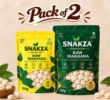 SNAKZA Raw Makhana 100 g and 250 g Pack of 2 — yellow 100 g pouch and green 250 g pouch with a bowl of makhana