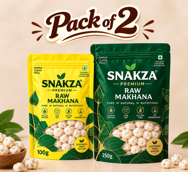 SNAKZA Raw Makhana 100 g and 250 g Pack of 2 — yellow 100 g pouch and green 250 g pouch with a bowl of makhana